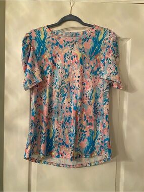 Macy's Short-Sleeve Floral Print Tee in Blue, Pink & Yellow